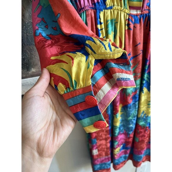 Anne Crimmins Silk Dress Vintage Colourful 80s Vibrant Long Dress Size 8 - Picture 4 of 11
